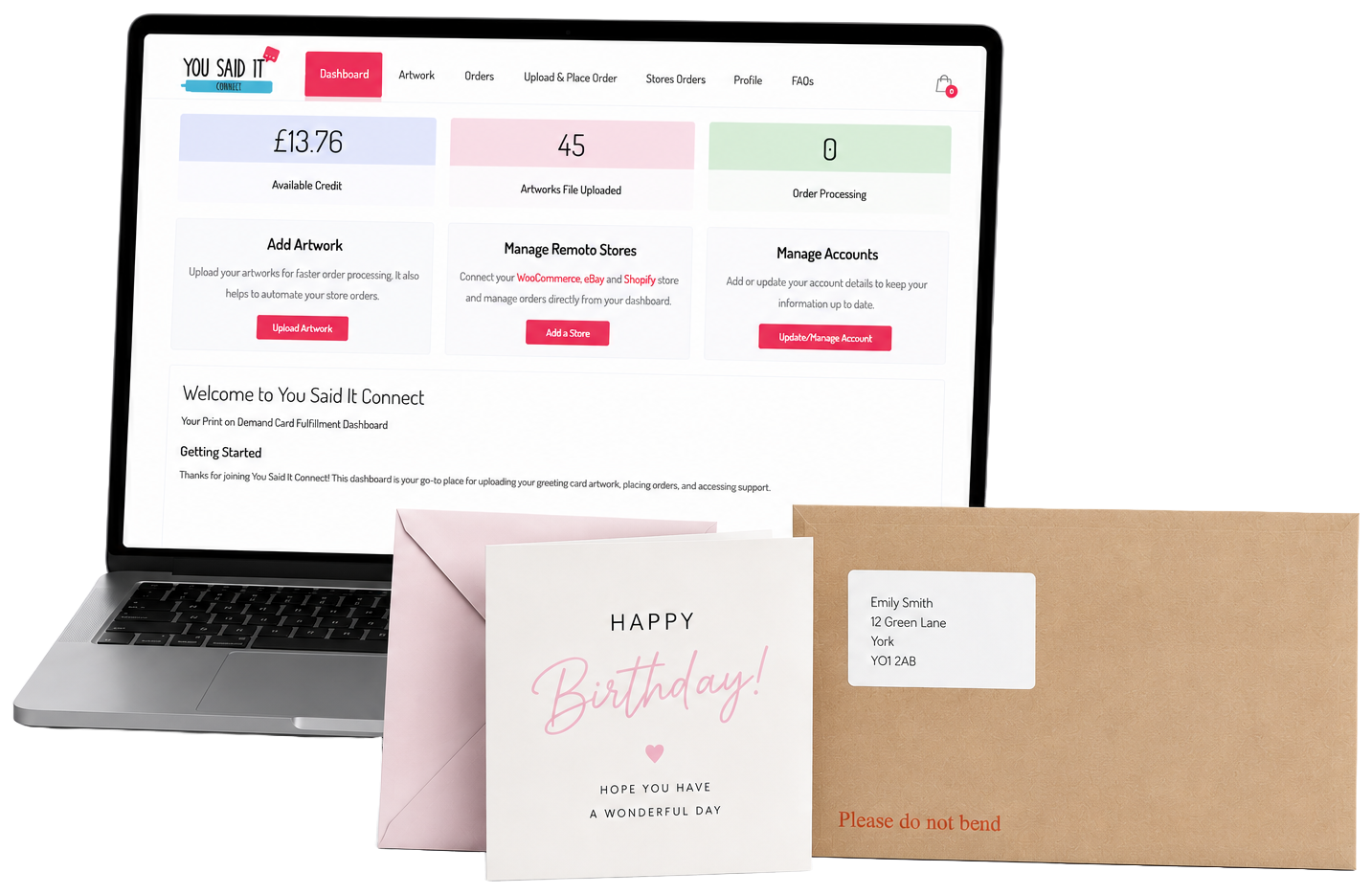 You Said It Connect dashboard on a laptop with a greeting card, pink envelope and C5 board-backed postal envelope