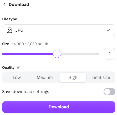 Canva download settings showing JPG, 2x size and High quality