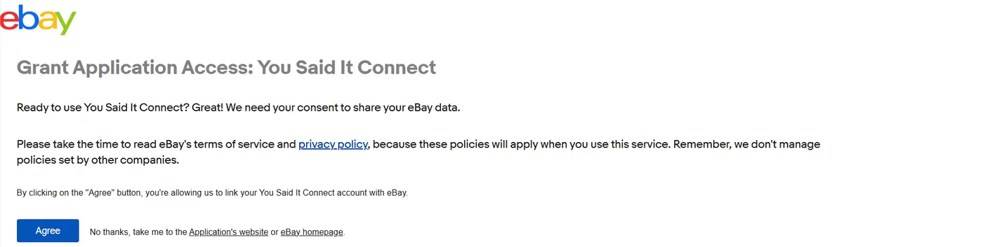eBay application access screen with an Agree button