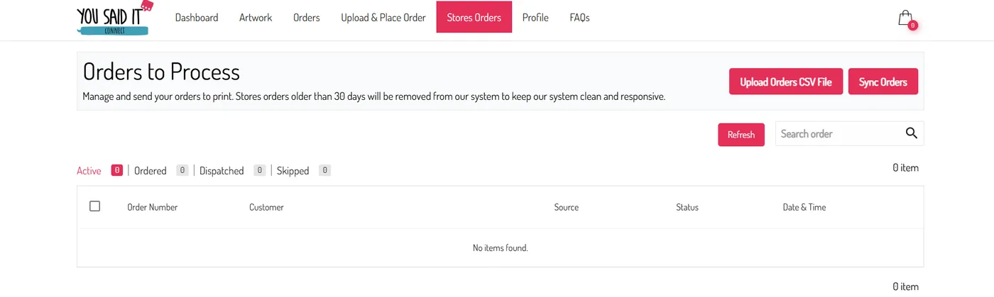 Connect Store Orders page