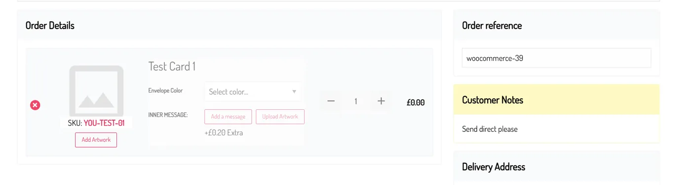 Connect order details showing card item, customer notes and delivery address