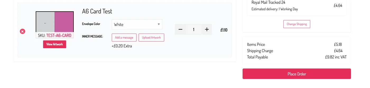 Connect checkout area showing envelope, postage and Place Order button