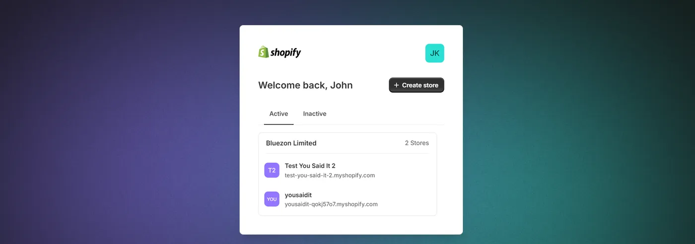 Shopify store selection screen