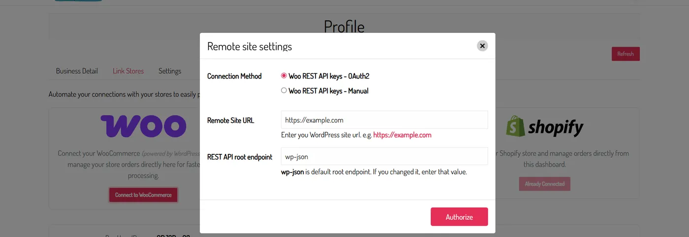 WooCommerce remote site settings popup