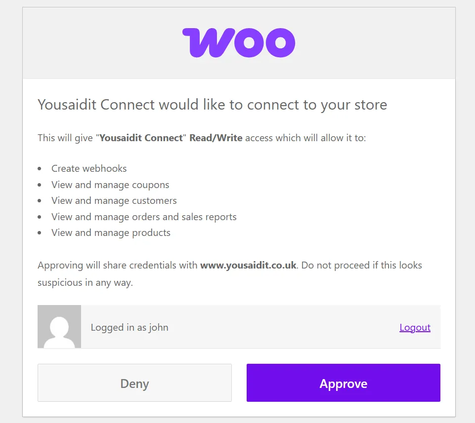 WooCommerce approval screen