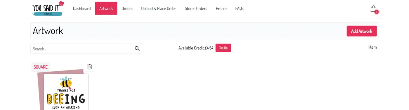 Connect Artwork page with Add Artwork button