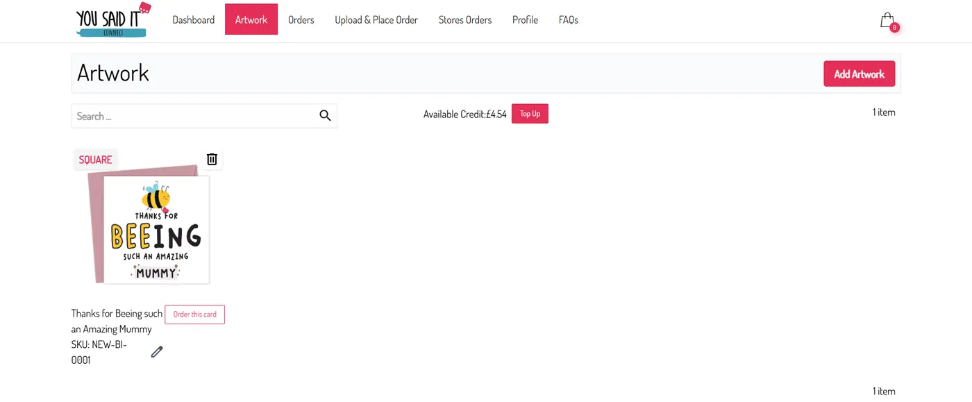 Uploaded artwork shown on the Artwork page