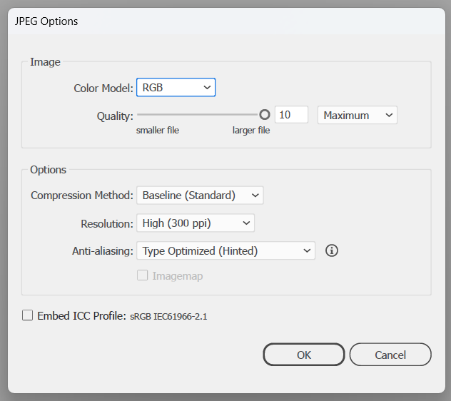 Adobe Illustrator JPEG Options showing RGB, Maximum quality, Baseline Standard and High 300 ppi