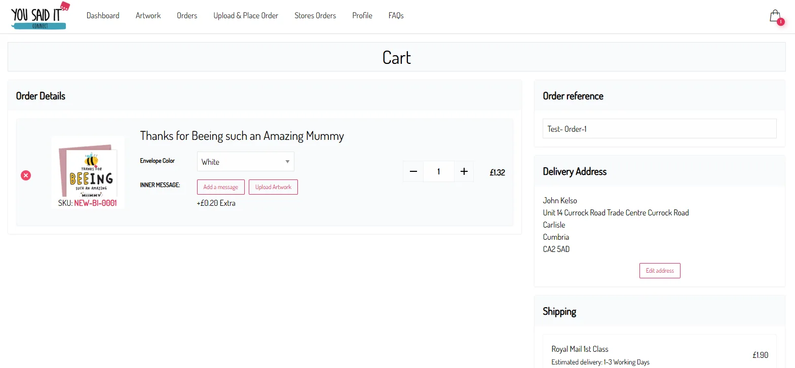 Connect Cart page showing order details, delivery address and shipping