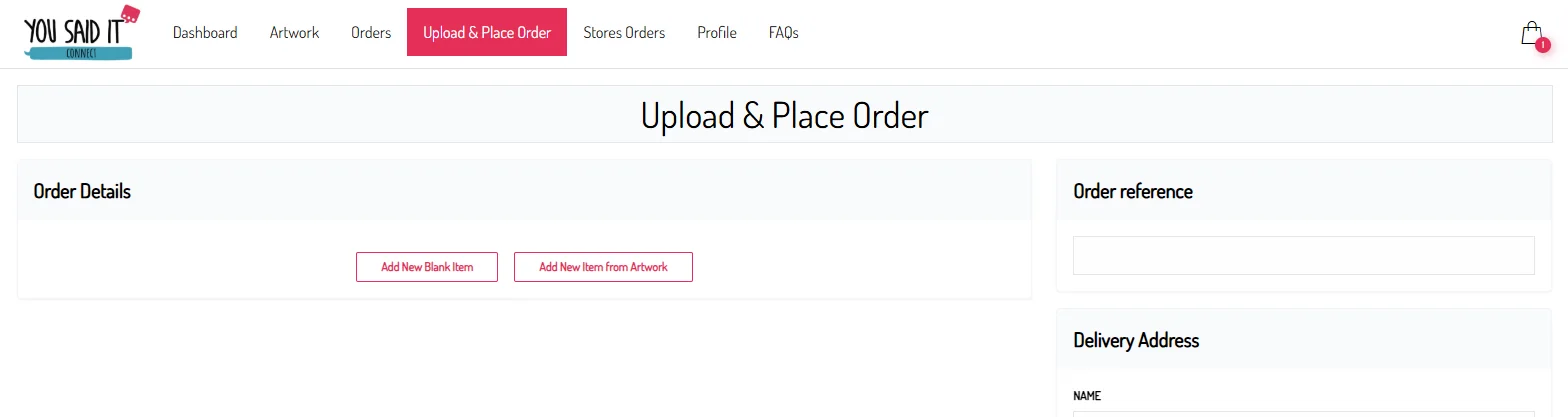 Upload and Place Order page in the Connect dashboard