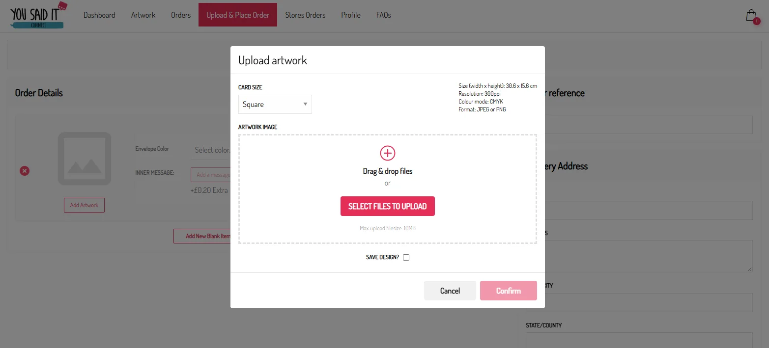 Upload artwork pop-up with card size and file upload options