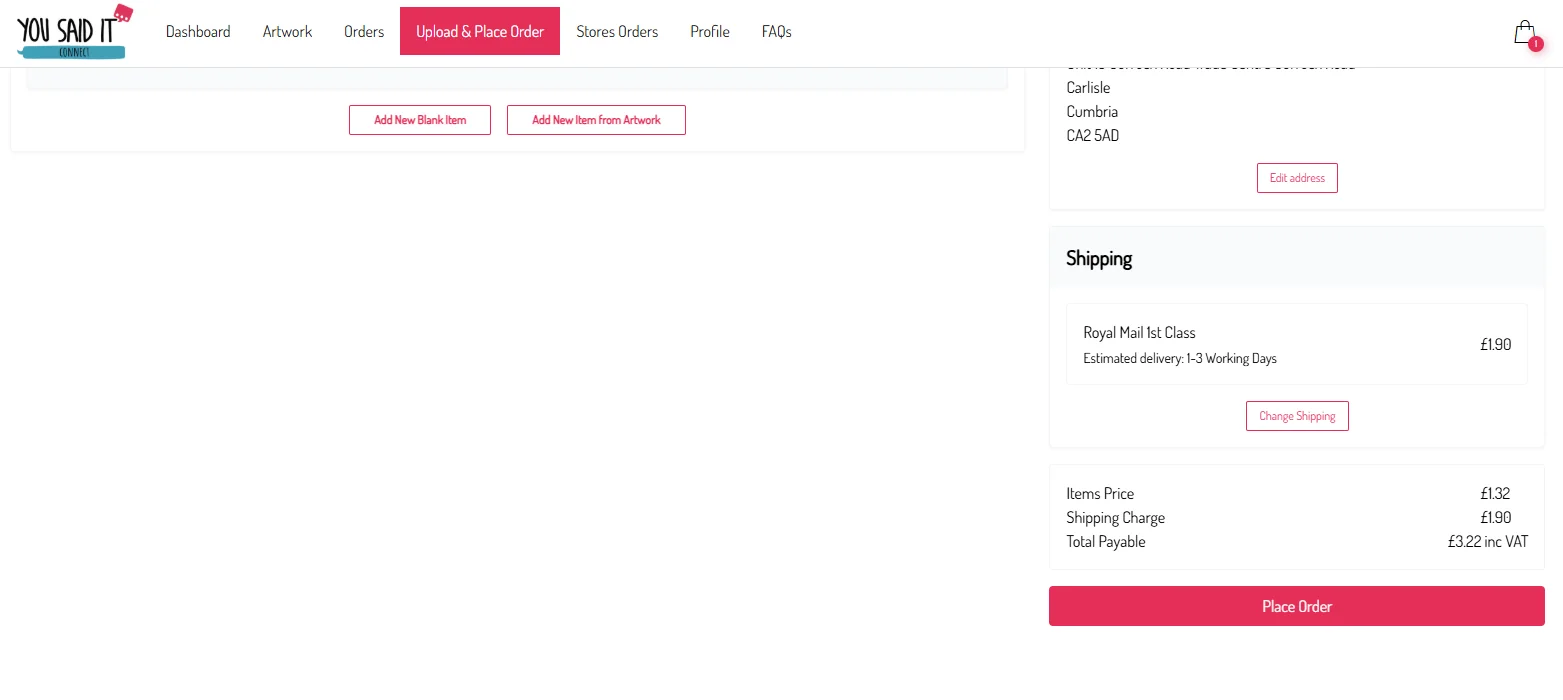 Shipping options and Place Order button on a Connect manual order